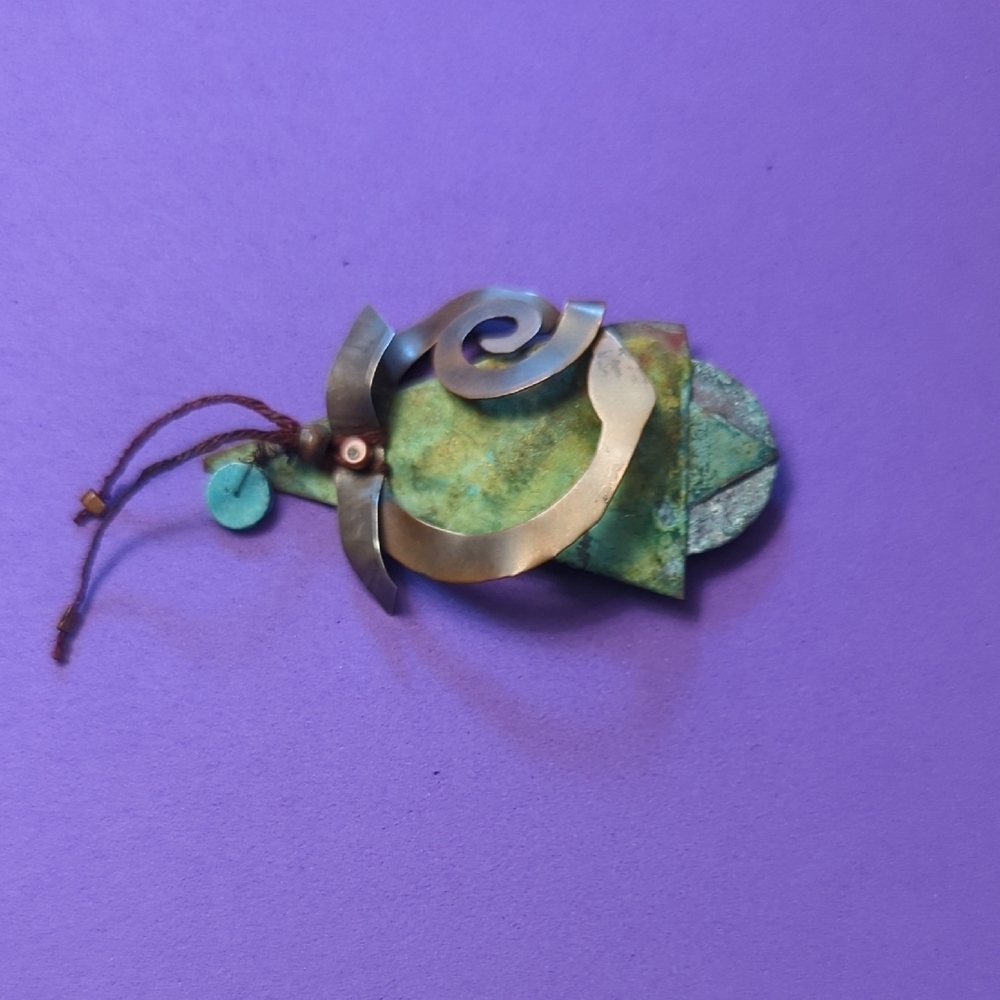 Vintage Brooch Pin Artisan Green Silvertone Metallic Whimsical Eclectic